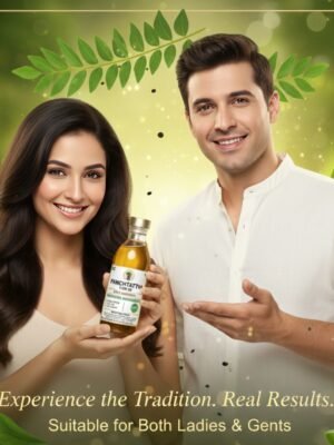 A smiling man and woman holding a bottle of Panchtattva Ayurvedic Hair Oil, with the text "Experience the Tradition. Real Results. Suitable for Both Ladies & Gents" and a "100% Chemical Free" seal.