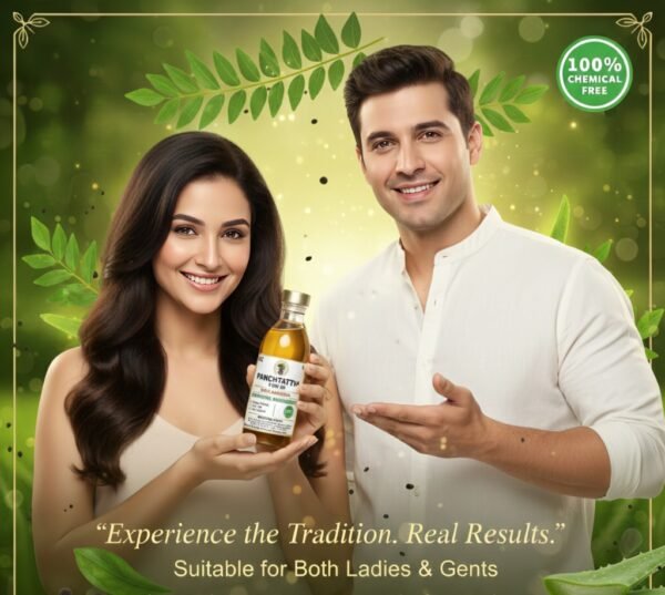 A smiling man and woman holding a bottle of Panchtattva Ayurvedic Hair Oil, with the text "Experience the Tradition. Real Results. Suitable for Both Ladies & Gents" and a "100% Chemical Free" seal.
