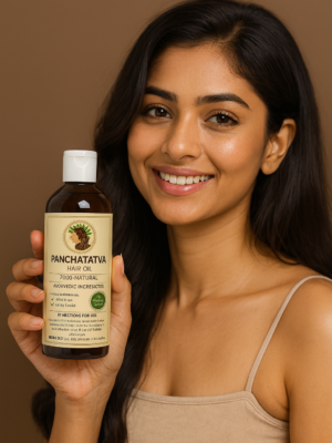 Woman holding Panchtattva Ayurvedic Hair Oil bottle, showcasing natural hair growth oil for healthy, shiny, chemical-free hair